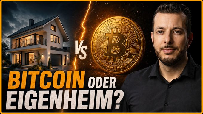 A YouTube thumbnail featuring a man on the right side next to a Bitcoin coin and a modern house, separated by a lightning bolt with "VS" text, and bold German text reading "BITCOIN ODER EIGENHEIM?" (Bitcoin or Homeownership?) — visually representing the post's comparison between buying a home versus investing in Bitcoin.