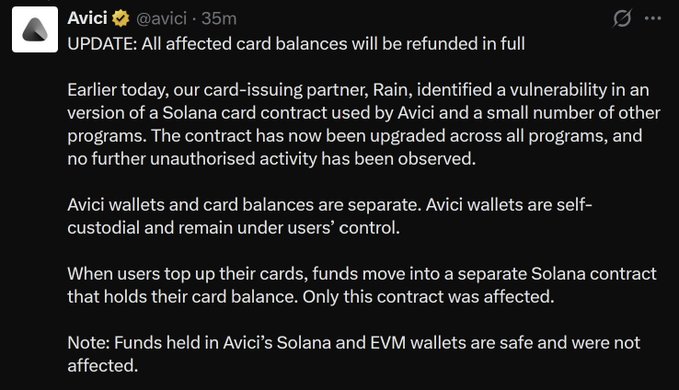 A tweet from Avici (@avici) providing an update that all affected card balances will be refunded in full after a vulnerability was identified by their card-issuing partner Rain in a Solana card contract.