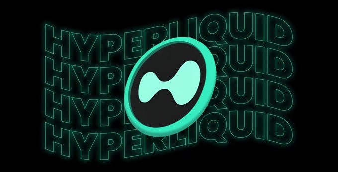 Promotional graphic for 'HYPERLIQUID,' showing its circular logo against a black background layered with repeating neon green text.