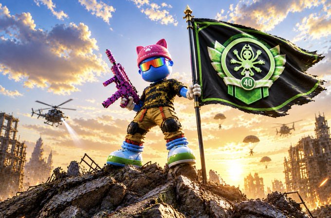 A vibrant 3D-rendered character wearing a pink cat-eared hat and sunglasses holding a purple rifle and a black flag with a green emblem marked '40', standing on rocky terrain with helicopters and a sunset cityscape in the background.
