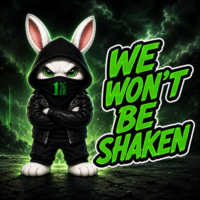 A stylized illustration of a white rabbit wearing a black hoodie and mask with '1%ER' on it, standing next to the text 'WE WON'T BE SHAKEN' against a green cloudy background.