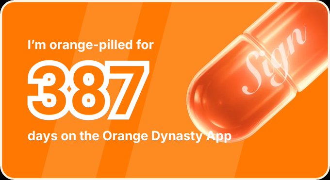 An orange promotional graphic reading 'I'm orange-pilled for 387 days on the Orange Dynasty App' next to an image of an orange pill labeled 'Sign'.