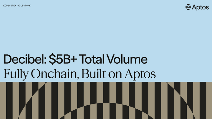 Aptos branded announcement graphic celebrating Decibel reaching $5B+ total trading volume fully onchain, featuring the Aptos logo in the top right and a decorative tan and black architectural illustration along the bottom.