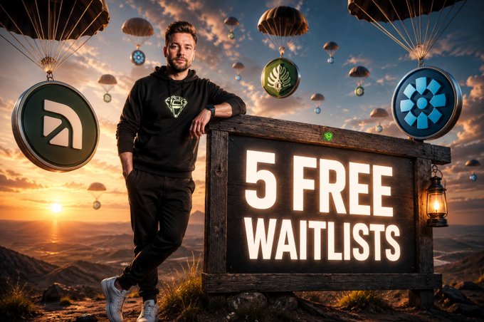 A man in a hoodie leans against a wooden sign reading "5 FREE WAITLISTS," surrounded by parachutes delivering cryptocurrency tokens against a sunset backdrop. The image visually reinforces the post's message about securing early access to upcoming crypto airdrops.