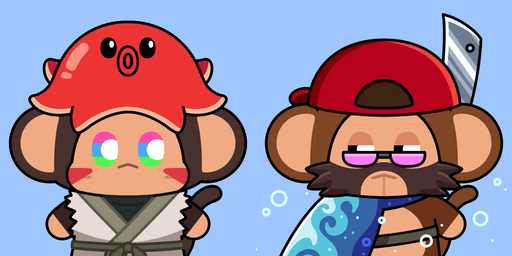 Two cartoon monkey characters are depicted: one wearing a red octopus-like hat with white martial arts attire, and another in a red cap, sunglasses, and a blue patterned shirt holding a knife.