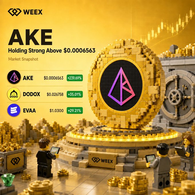 A WEEX market snapshot graphic showcases AKE as the top performer with a +239.69% surge to $0.0006563, alongside DODOX (+35.01% at $0.026758) and EVAA (+29.21% at $1.0300), with the visual featuring a large golden LEGO-style token bearing the AKE logo and background candlestick chart patterns highlighting the bullish momentum.