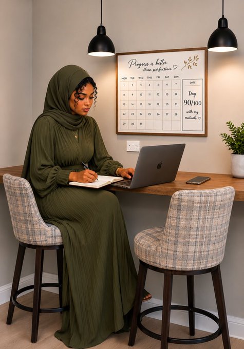 A woman wearing an olive green hijab and matching pleated dress sits at a wooden bar table working on a laptop, with a calendar on the wall reading 'Progress is better than perfection' and 'Day 90/100'.