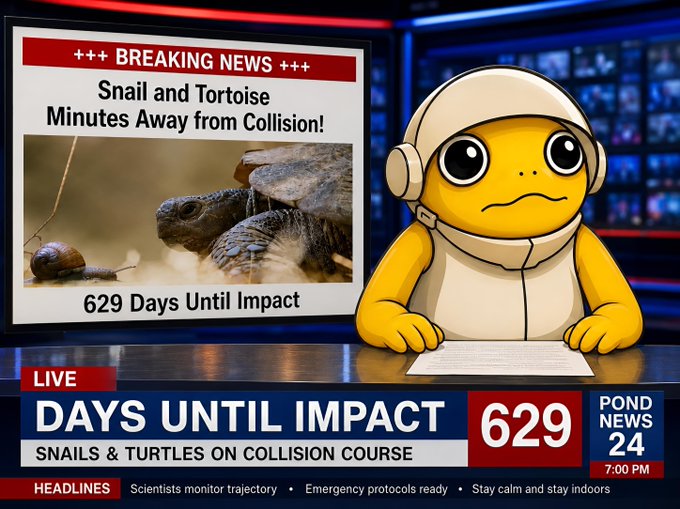 A cartoon turtle news anchor wearing headphones presents a breaking news broadcast on "Pond News 24," reporting that a snail and tortoise are "Minutes Away from Collision!" with a countdown of "629 Days Until Impact." The ticker at the bottom reassures viewers with the headline "DAYS UNTIL IMPACT: SNAILS & TURTLES ON COLLISION COURSE," matching the morning update from "$TURBO."