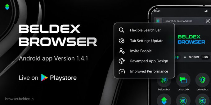 Advertisement for the 'BELDEX BROWSER' Android app Version 1.4.1, 'Live on Playstore', showing a phone interface with a menu listing features like 'Flexible Search Bar', 'Tab Settings Update', 'Invite People', 'Revamped App Design', and 'Improved Performance'.