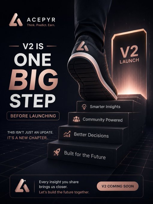 The image is a promotional teaser for "Acepyr V2 Launch," featuring a person's foot stepping onto a stairway of features (Smarter Insights, Community Powered, Better Decisions, Built for the Future) beneath a glowing "V2 LAUNCH" portal, with the tagline "V2 IS ONE BIG STEP BEFORE LAUNCHING" and "V2 COMING SOON."

The visual aligns with the post by emphasizing Acepyr's shift toward interactive, community-driven engagement, where users actively contribute insights and shape collective intelligence rather than passively consuming information.