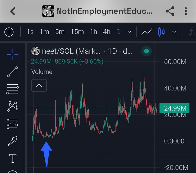 A trading chart of neet/SOL (Market) on a 1-day timeframe shows a price of 24.99M, up 3.60% with a volume of 869.56K, and a blue arrow pointing to a low point on the chart, illustrating the poster's story of buying SOL near its -95% bottom—their conviction play that paid off.