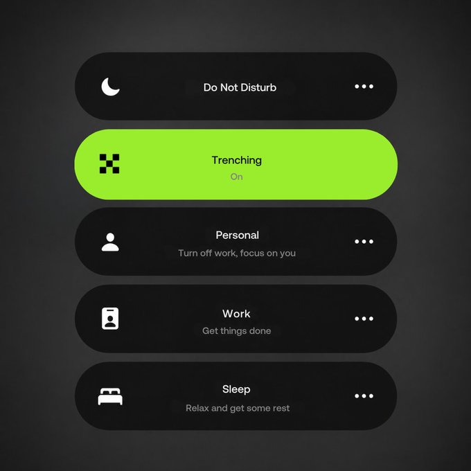 A screenshot of a focus mode selection menu displays five options stacked vertically: "Do Not Disturb" with a moon icon, "Trenching" (currently active, highlighted in bright green with "On" beneath it), "Personal" with the subtitle "Turn off work, focus on you," "Work" with "Get things done," and "Sleep" with "Relax and get some rest." The image ties to the post's announcement of a newly available "Trenching" focus mode, distinguished by its checkered icon and lime-green active state.