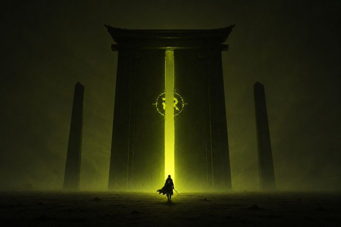 A dark, moody digital artwork showing a silhouetted figure standing before a massive glowing green doorway flanked by tall obelisks in a foggy atmosphere.
