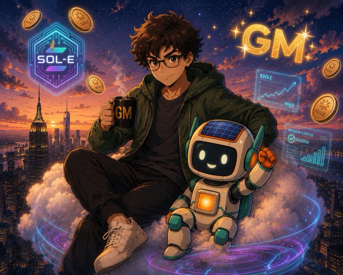 The image features a man sitting on top of a cloud, holding a cup of coffee while wearing glasses. A robot companion sits next to him, both looking at the camera with smiles on their faces. The background shows an illustration of a city skyline under a starry sky, and there are several coins scattered around them. The post mentions that it is about GM CT Up and expresses gratitude for God's creation.