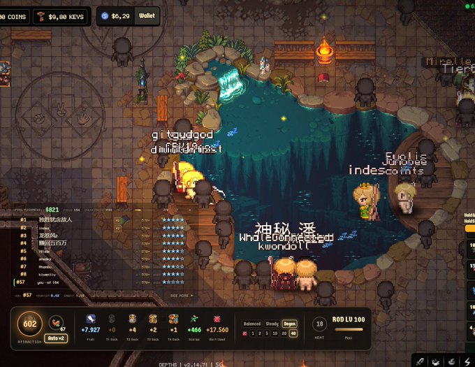 A screenshot from a 2D mining game showing player avatars gathered around a cave water pool, with leaderboards on the left displaying player names and rankings.