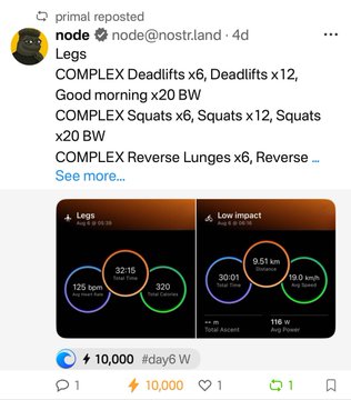 A Nostr post by 'node@nostr.land' sharing a leg workout routine with COMPLEX Deadlifts, Squats, and Reverse Lunges, showing metrics including 125 bpm heart rate and 320 calories.