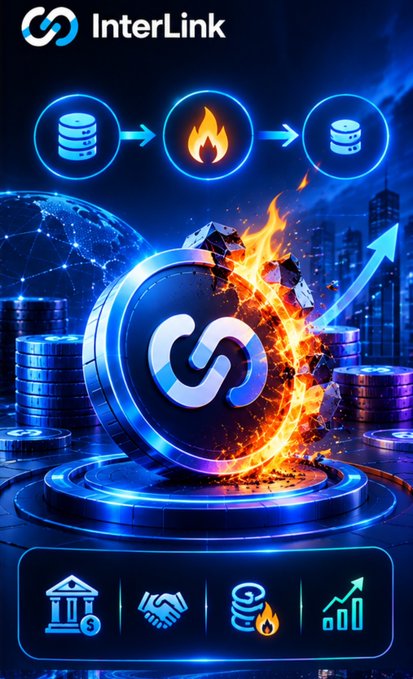 A promotional graphic for InterLink featuring a glowing blue link symbol surrounded by flames, with icons at the bottom representing banking, handshakes, burning coins, and growth charts.