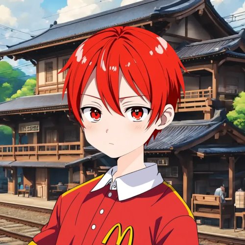 An anime-style illustration of a red-haired character with red eyes wearing a red shirt featuring a yellow 'M' logo, standing in front of a Japanese-style building.
