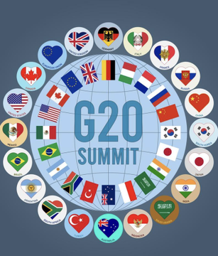 A graphic for the "G20 SUMMIT" featuring a globe surrounded by circular icons of flags and emblems of G20 member nations and guest countries.