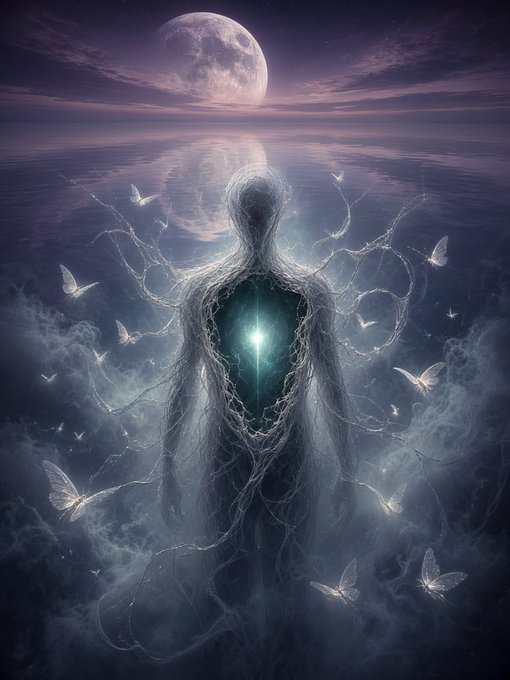A dark fantasy digital artwork features a shadowy, ethereal figure with a glowing green light in its chest, surrounded by white butterflies and mist, with a large moon reflecting over water in the background.
