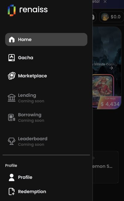 Screenshot of a sidebar menu for the 'renaiss' app, showing navigation options including Home, Gacha, Marketplace, Lending, Borrowing, Leaderboard, Profile, and Redemption, with a partial view of a marketplace showing a 'TOP PRIZE' of $4,434.