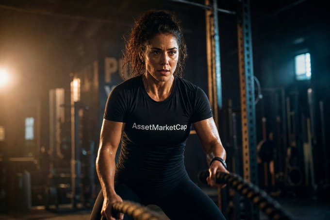 A woman in a black t-shirt reading 'AssetMarketCap' grips battle ropes during an intense workout in a dimly lit gym.