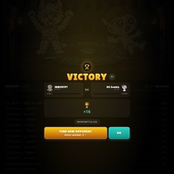Mobile game victory screen showing 'JIMGRUFF vs DC Zenith' with a +16 rating gain and a 'FIND NEW OPPONENT' button.