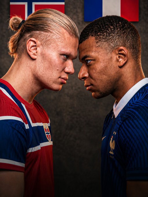 Two football stars—Norway's Erling Haaland in a red, white, and blue jersey and France's Kylian Mbappé in a dark blue kit featuring the French Football Federation crest—face off forehead-to-forehead against a backdrop of their respective national flags, capturing the iconic Haaland vs. Mbappé rivalry referenced in the post.