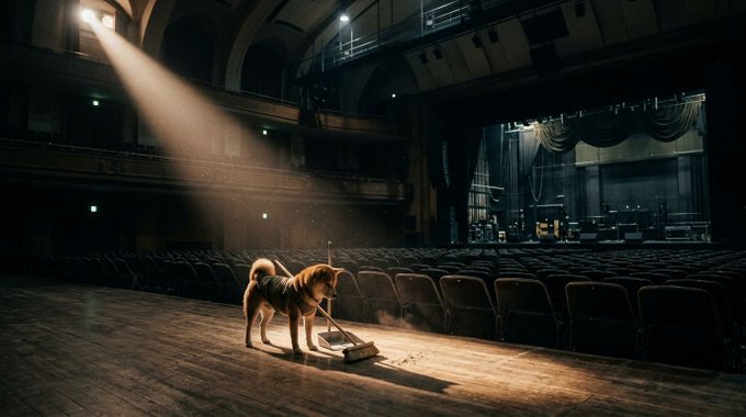 A dog stands on a theater stage, looking toward a mop lying in a spotlight, with rows of seats and an open stage area in the background.