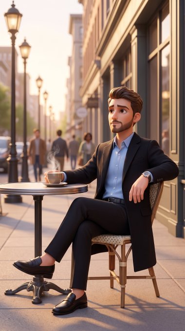 A 3D animated-style illustration shows a well-dressed man in a suit sitting at a café table on a city street, holding a cup of coffee.