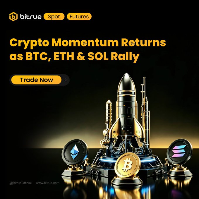 A Bitrue promotional graphic with a sleek rocket launchpad featuring Bitcoin, Ethereum, and Solana tokens, headlined "Crypto Momentum Returns as BTC, ETH & SOL Rally" with a yellow "Trade Now" button. The image's rocket-launch metaphor visually reinforces the post's message about surging crypto market momentum following pro-crypto developments from the White House and the proposed CLARITY Act.