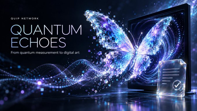A promotional graphic for 'QUIP NETWORK: QUANTUM ECHOES - From quantum measurement to digital art,' featuring a glowing blue and purple pixelated butterfly emerging from a monitor next to a holographic checkmark icon.