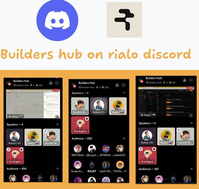 A collage promoting the 'Builders hub on rialo discord,' displaying the Discord and Rialo logos at the top and screenshots of Builders Hub voice channel sessions with speakers like Koushik, Rollins, Keep, and EricArgent.