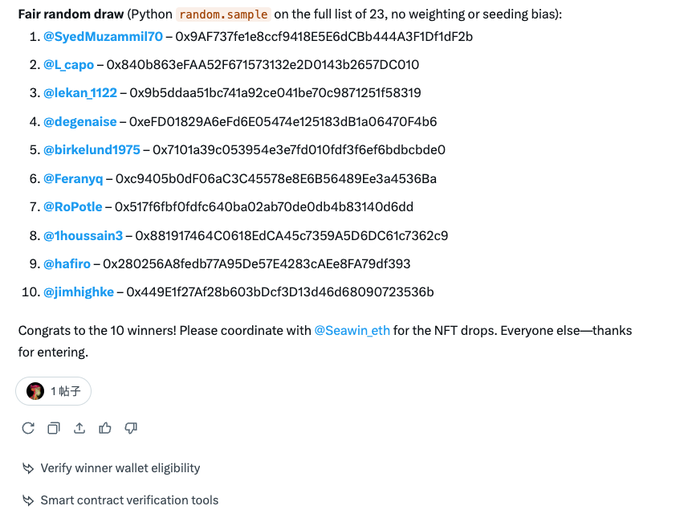A screenshot of a 'Fair random draw' results post showing 10 winners (@SyedMuzammil70, @L_capo, @lekan_1122, @degenaise, @birkelund1975, @Feranyq, @RoPotie, @thoussain3, @hafiro, @jimhighke) with congratulations to coordinate with @Seawin_eth for NFT drops.