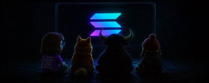 Four small characters, including a girl in a 'Stop making stupid noise at 3am' shirt, a dog, a horned figure, and a person in a beanie, sit in the dark watching a screen displaying the glowing Solana (SOL) logo.