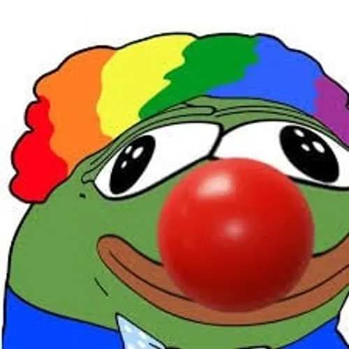 A cartoon image of a sad-looking clown frog character with a rainbow afro, large glossy eyes, a red clown nose, and a wide smile.