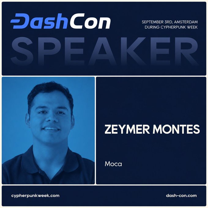 A speaker announcement graphic for Zeymer Montes from Mocca at DashCon, taking place September 3rd in Amsterdam during Cypherpunk Week, featuring a blue-tinted portrait photo.