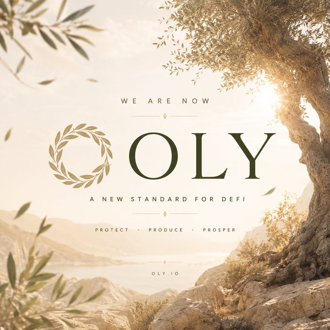 A promotional graphic for "OLY" reading "WE ARE NOW OLY - A NEW STANDARD FOR DEFI - PROTECT • PRODUCE • PROSPER - OLY.IO", featuring an olive branch logo against a sunlit Mediterranean landscape with an olive tree.