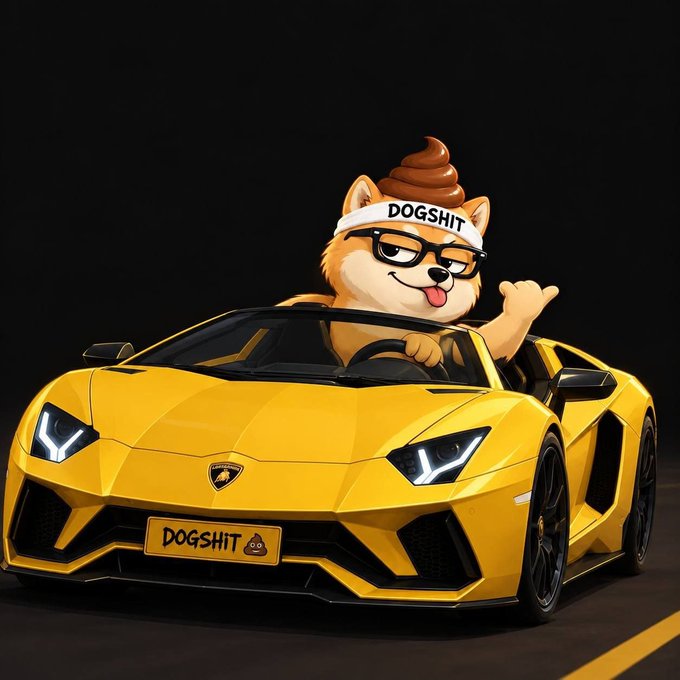 A humorous illustration of an anime-style Shiba Inu dog with a 'poop on its head' wearing a 'DOGSHIT' headband and sunglasses, sitting in a yellow Lamborghini with 'DOGSHIT' on the license plate and giving a thumbs up.