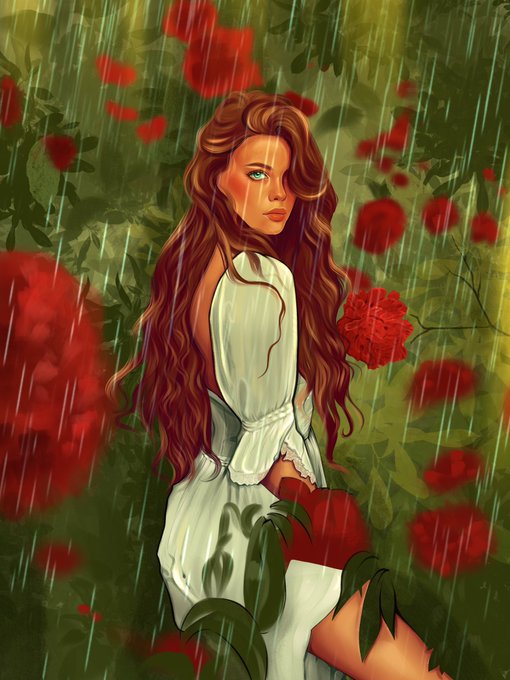 A digital painting depicts a woman with long flowing auburn hair wearing a white dress, standing in a field of red flowers while rain falls around her.