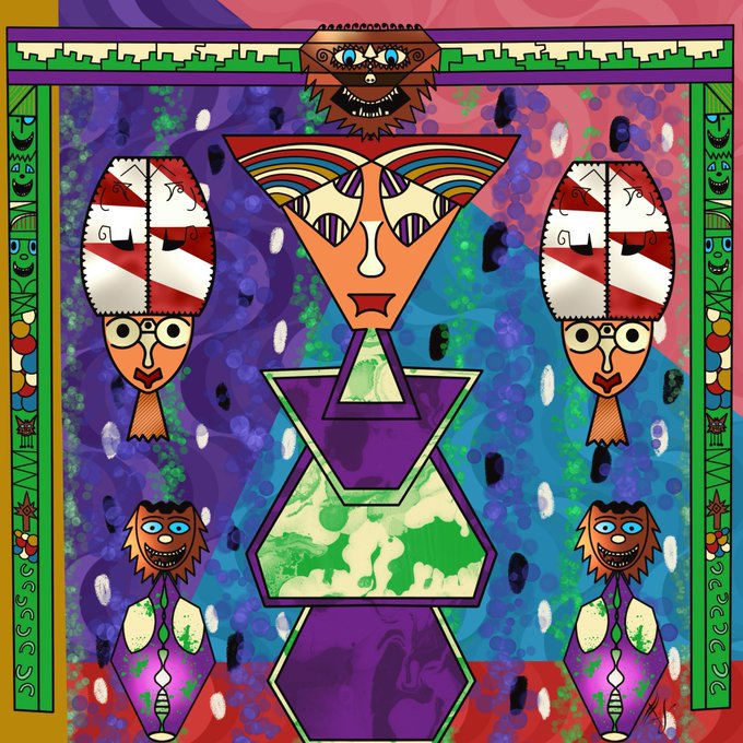 A vibrant digital artwork titled "Cosmic Totem Reflection" featuring stylized tribal mask faces and geometric figures set against a swirling purple and blue cosmic background, framed by decorative tribal-patterned borders. The piece reflects the artistic, abstract nature of the XRP Cafe community share, embodying a trippy, surreal aesthetic rather than containing any text, numbers, or tickers.