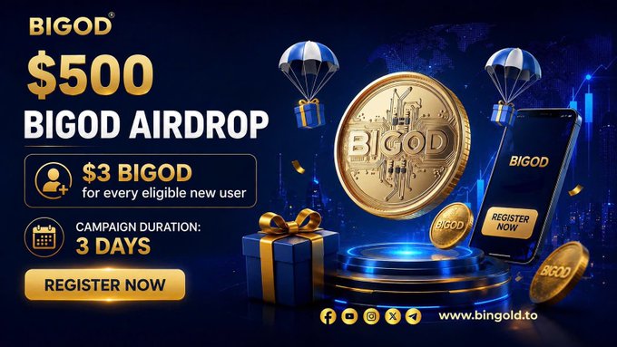 A promotional graphic for a "BIGOD AIRDROP" offering $500 with $3 BIGOD for every eligible new user over a 3-day campaign, featuring gold coins, parachutes, and a smartphone with a "REGISTER NOW" button at www.bingold.to.