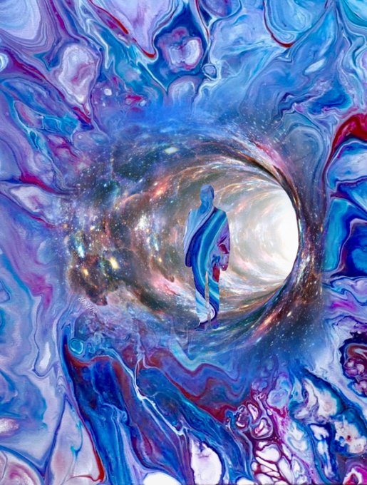 A surreal, colorful painting featuring a figure in blue robes standing within a swirling cosmic tunnel of blues, purples, and pinks.