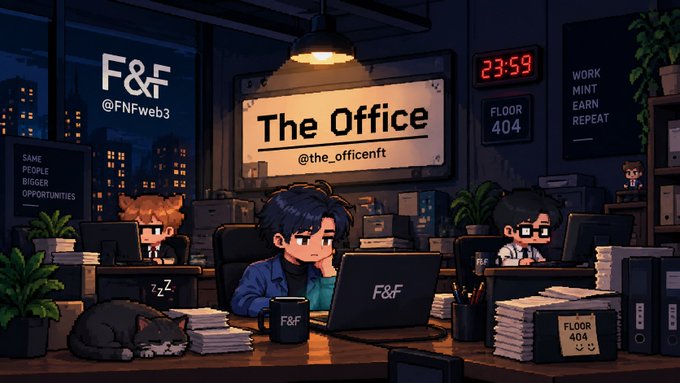 An animated illustration of an office scene labeled "The Office" (@the_office) features characters working at desks with a sleeping cat, a mug labeled "F&F," and a "FLOOR 404" sign.