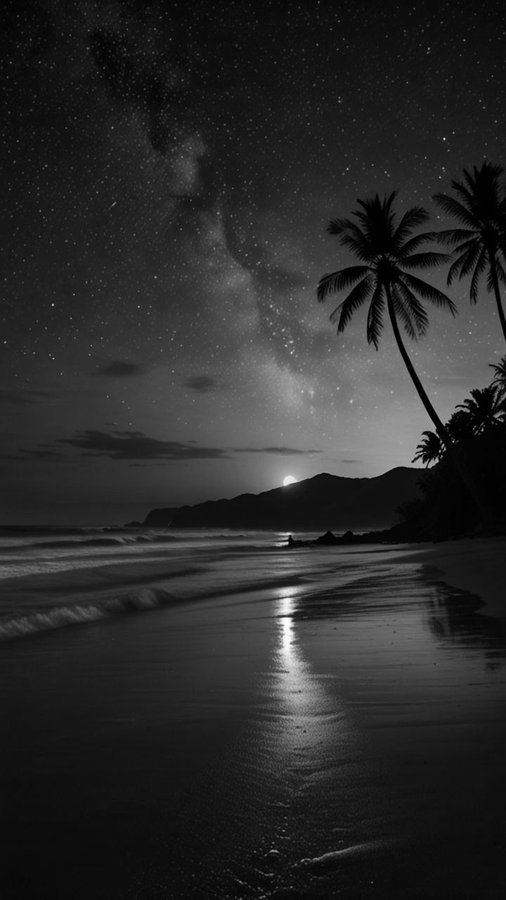 A serene black and white night scene featuring a starry sky with the Milky Way stretching over a calm beach, silhouetted palm trees, and moonlight reflecting off the gentle waves along the shore. The tranquil tropical setting provides an enticing visual backdrop to the "1 SOL Giveaway" announcement, suggesting a dreamy, paradise-like opportunity for crypto enthusiasts.