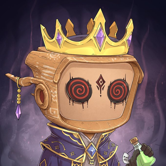 A cartoon character with a wooden television head featuring hypnotic spiral eyes wears a golden crown with purple gems and a purple robe, holding a green potion bottle. The image ties to the "GM to everyone who love NFTs" post by embodying the whimsical, collectible NFT art style commonly shared in crypto communities.
