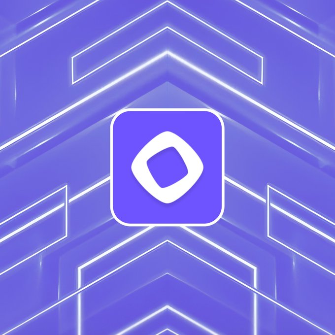A purple graphic featuring a white rounded square logo with a diamond/rhombus shape inside, set against a chevron-patterned neon purple background.