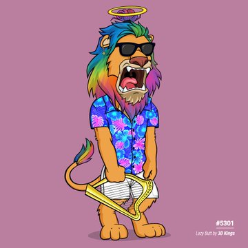 A cartoon lion with a rainbow mane, sunglasses, a halo, and a Hawaiian shirt holds a golden harp; text reads '#5301 Lazy Butt by 3D Kings'.