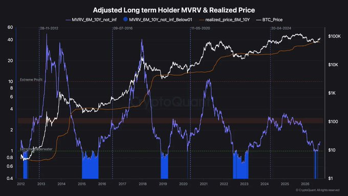 A CryptoQuant chart titled "Adjusted Long term Holder MVRV & Realized Price" showing BTC price alongside the 10-year MVRV ratio from 2012 to 2024, with the MVRV line recently dipping briefly below 1 (underwater zone) before recovering to ~1.35—visually supporting the post's claim that long-term holders experienced only shallow stress and are now back in profit, consistent with a healthy reset rather than a deeper downturn.