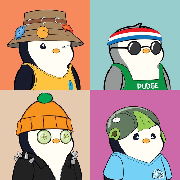 A four-panel cartoon illustration of stylized penguins dressed in various outfits including a fisherman hat, USA headband with sunglasses, orange beanie, and a turtle cap.